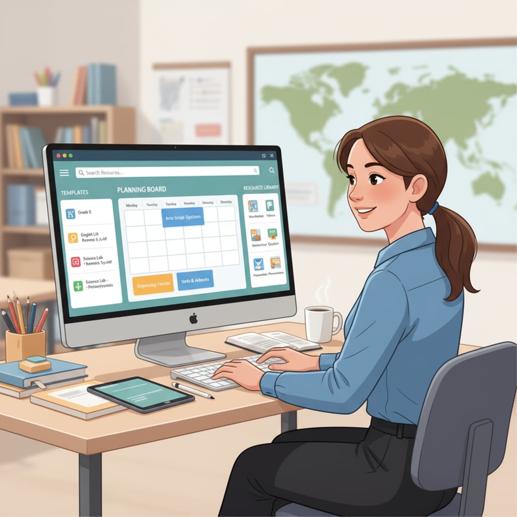 A teacher is sitting at a desk, using a software application to plan lessons. The screen shows different lesson plan templates and resource libraries. Teacher using a lesson planning software for educational purposes