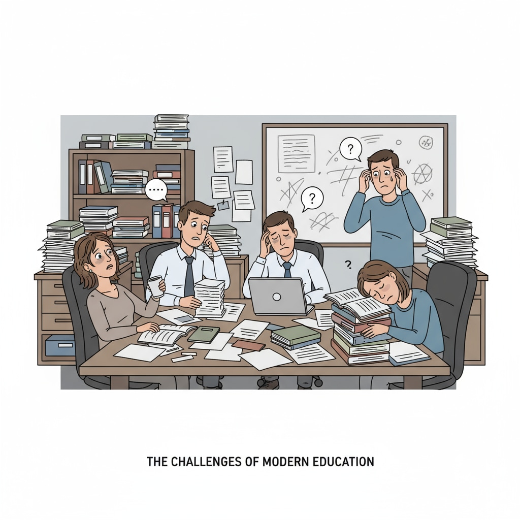 A group of teachers sitting in the teachers' office, looking tired and stressed. K12 educators experiencing job burnout in the office