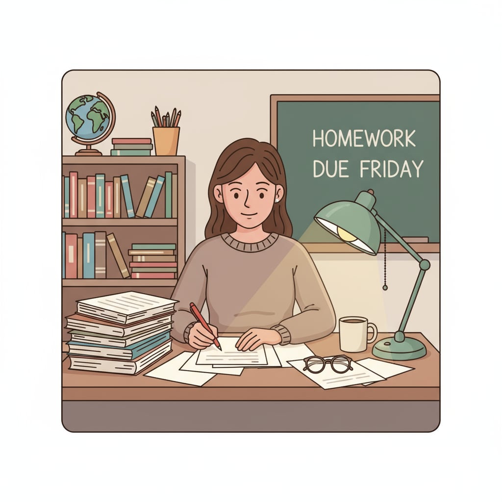 A teacher sitting at a desk, grading papers with a lamp on, indicating working late at night. A K12 educator facing heavy workload and potential job burnout