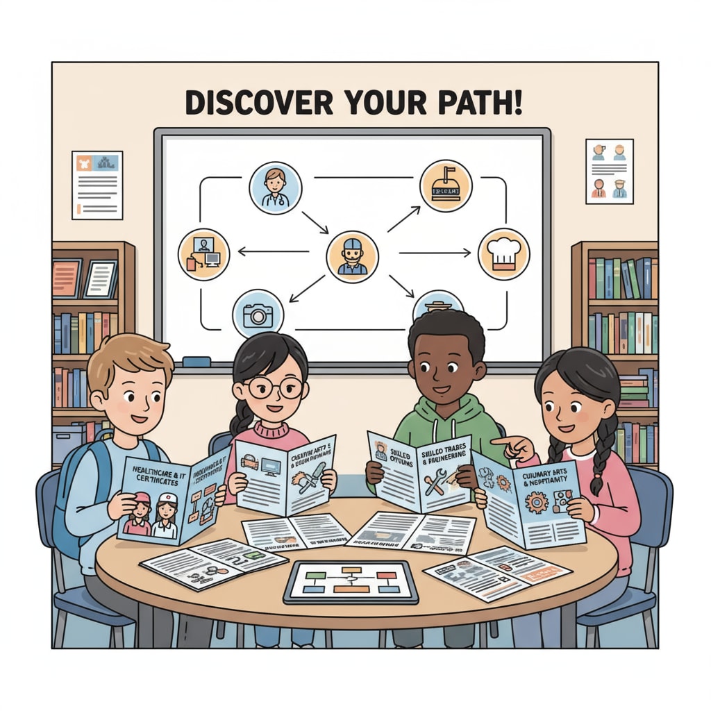 A group of K12 students are looking at brochures related to career certificates, showing their interest in future career paths. K12 students exploring career certificate options for employment preparation and educational value.