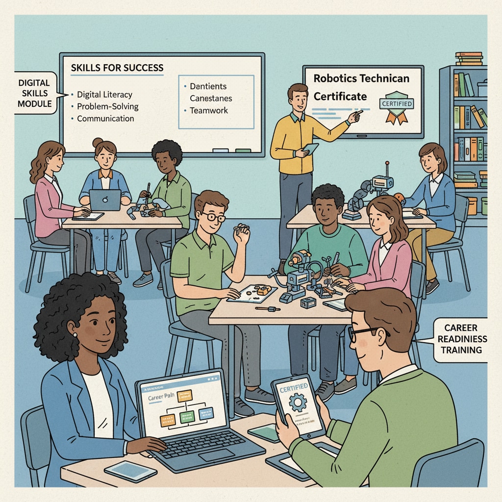 In a classroom, students are engaged in learning skills that are relevant to obtaining a career certificate, highlighting the educational aspect. Classroom scene of K12 students learning for career certificates to enhance employment preparation and educational value.