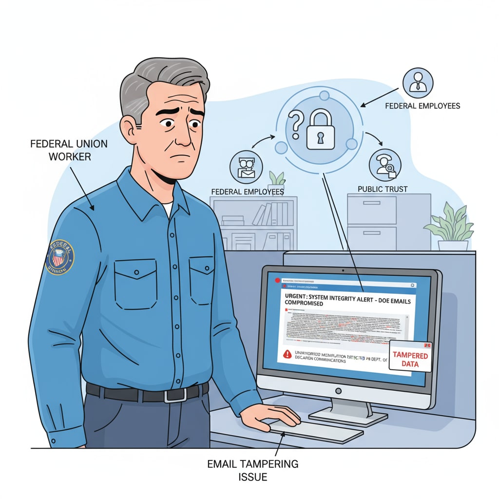 An illustration showing a worker from the federal union looking concerned at a computer screen with an email open, representing the email tampering issue in the Department of Education Federal union worker concerned about email tampering in the Department of Education