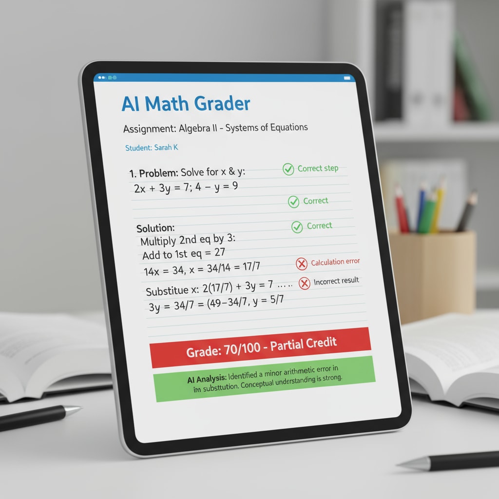 The interface of an AI math grading tool shows a simple and intuitive layout for grading math assignments, with clear indicators for correct and incorrect answers. AI math grading tool interface for efficient assignment grading to reduce teacher workload