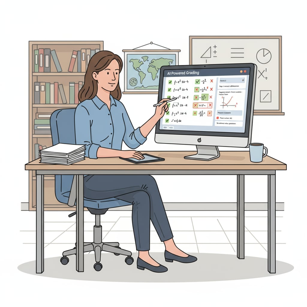 A teacher is sitting in front of a computer, using an AI math grading tool to review student work. The screen displays detailed analysis and feedback options. Teacher using AI math grading tool to review student work and save time on workload