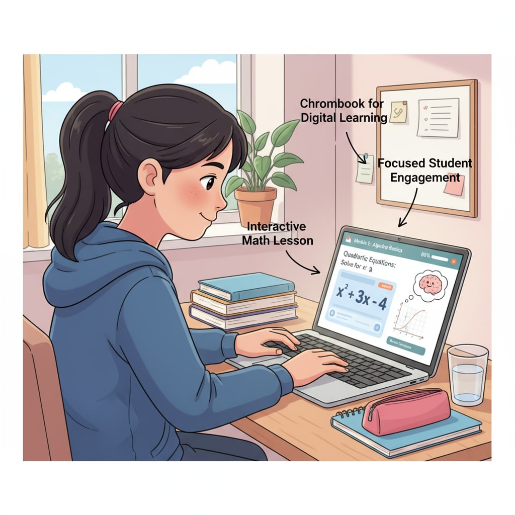 A student is sitting at a desk, intently using a Chromebook for digital learning. The screen shows a math lesson interface. A student using a Chromebook for digital math learning