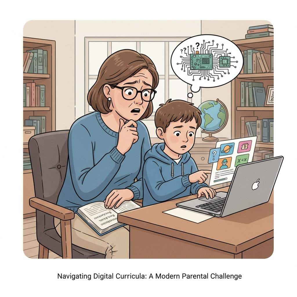 A parent is sitting beside a child who is using a Chromebook. The parent has a confused expression, trying to understand the digital learning content to help the child. A parent struggling to assist a child with digital learning