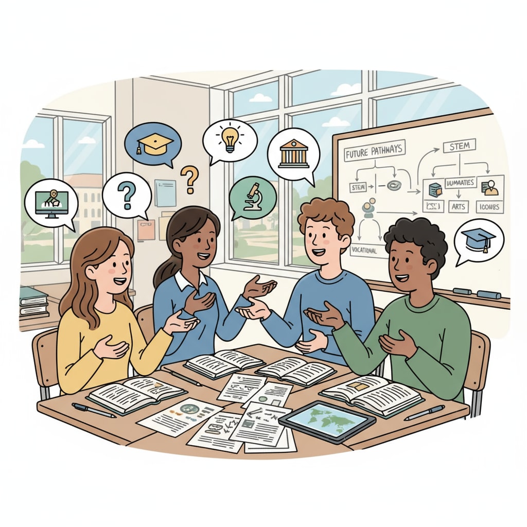 A group of students are having a lively discussion about their future educational directions in a classroom setting, with books and papers scattered on the desks. Students discussing higher education, investment return, vocational and technical education, and job mismatch in a classroom