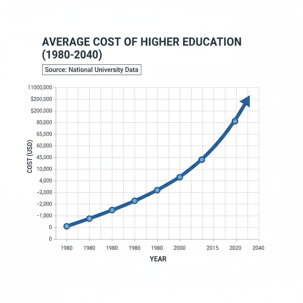 A line graph depicts the upward trend of the cost of higher education over several decades, with the cost on the y-axis and years on the x-axis. Graph showing the increasing cost of higher education related to higher education, investment return, vocational and technical education, and job mismatch
