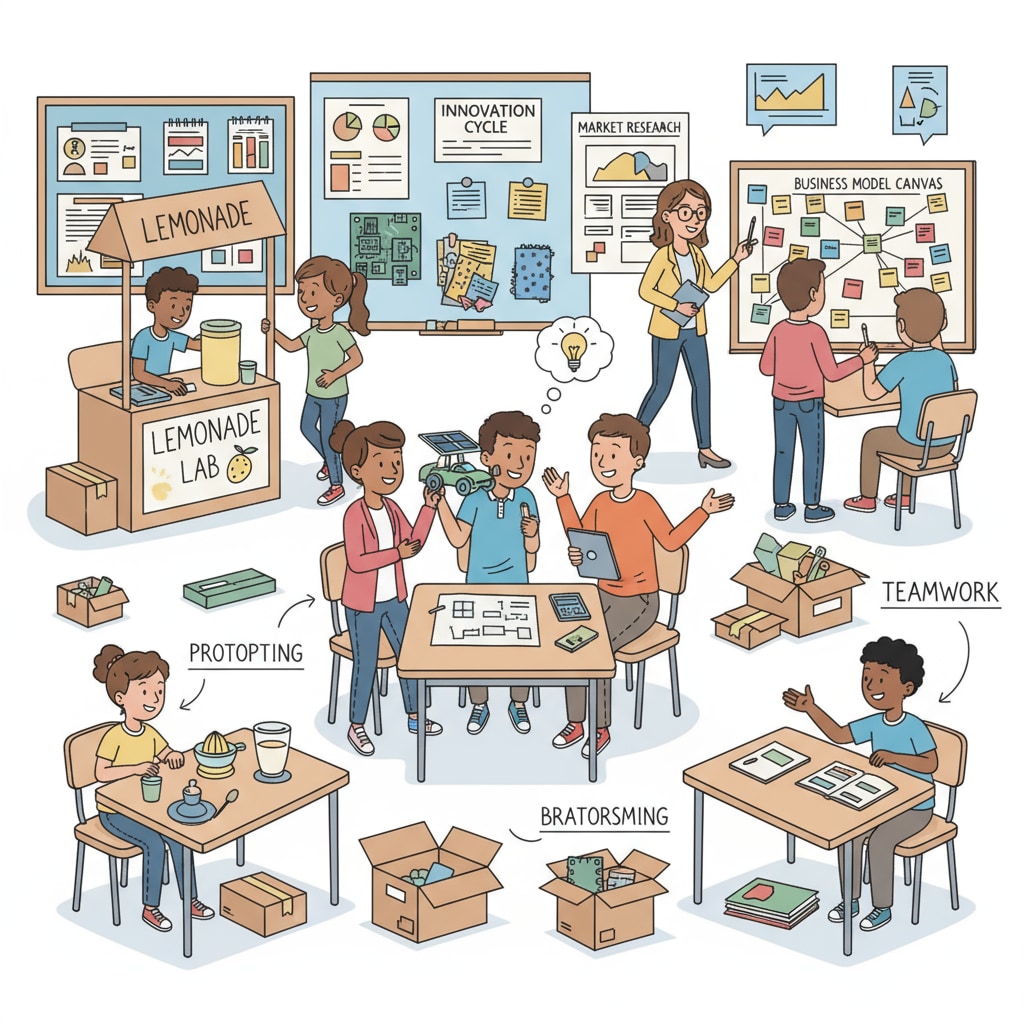 A classroom scene with students actively working on hands-on entrepreneurial projects, discussing ideas, and collaborating. K-12 students engaged in practical entrepreneurial learning