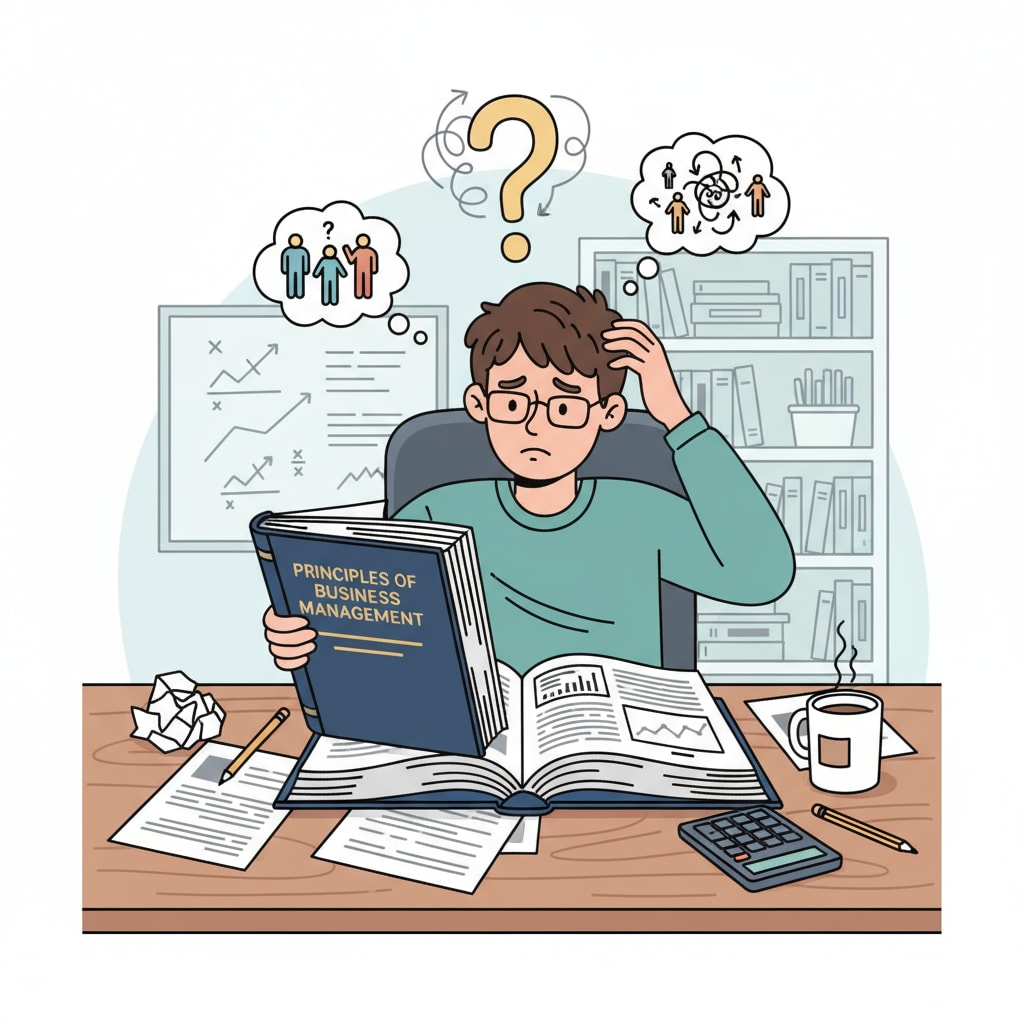A student sitting at a desk, looking confused while reading a thick business textbook. Student困惑 while studying theoretical entrepreneurial knowledge in K-12 education