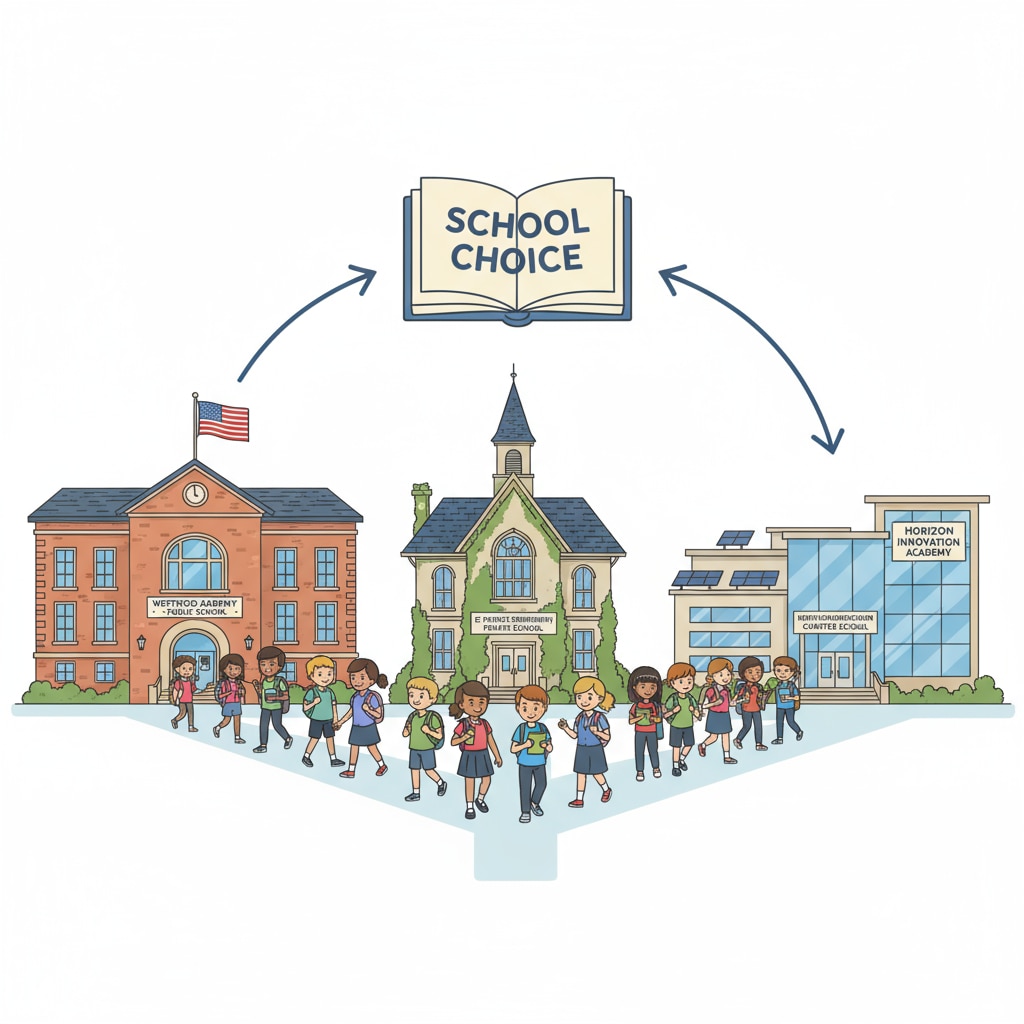A group of students walking into different types of schools, such as public, private, and charter schools, which visually represents the concept of school choice. Students walking into different schools related to school choice, conservative views, and education policy
