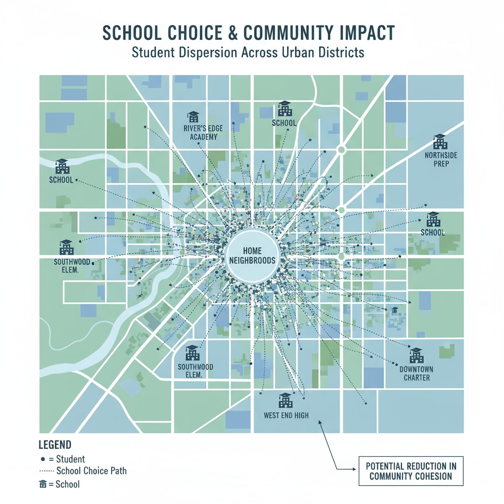 A map with dots indicating students being dispersed to various schools across the city as a result of school choice, highlighting the potential impact on community cohesion. Map showing student dispersion due to school choice in the context of conservative views and education policy