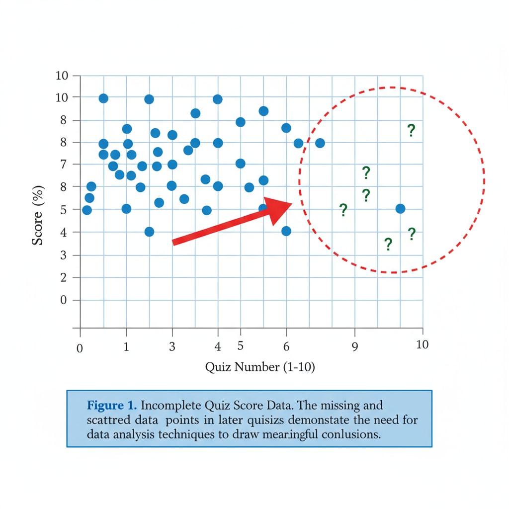 An illustration showing a graph with scattered data points representing quiz scores, some of which are incomplete, highlighting the need for data analysis Graph of quiz scores with incomplete data points for data analysis