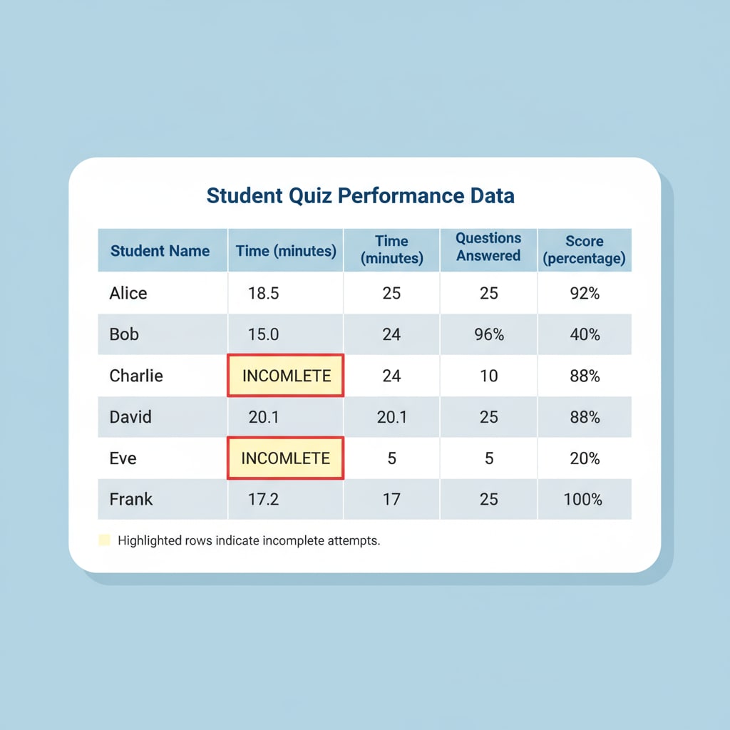 A table presenting data of different students' quiz completion times, number of answered questions, and scores, highlighting the students with incomplete attempts Table of students' quiz data showing incomplete attempts