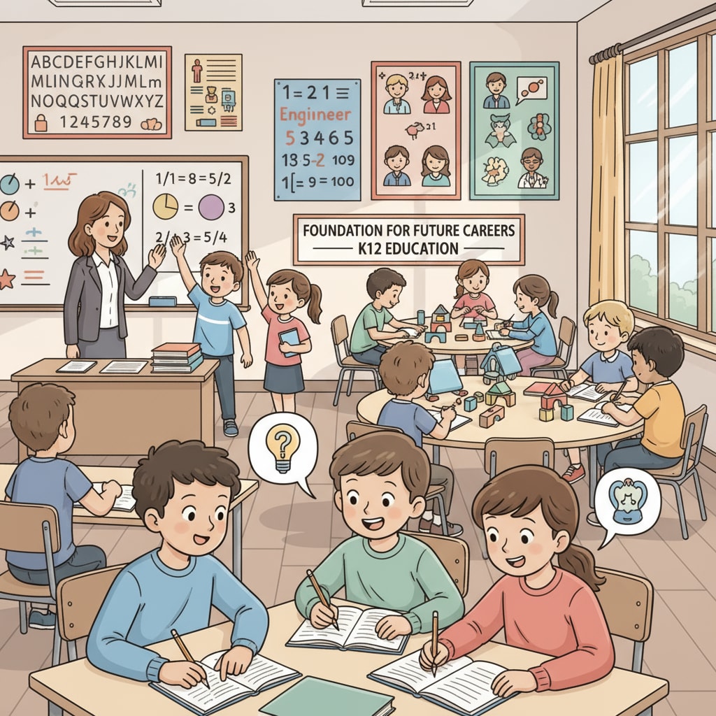 A classroom scene with students actively learning, representing the foundation of K12 education. Students are engaged in discussions, taking notes, and interacting with the teacher, which shows the active learning environment in K12 education that helps build the basis for future careers. K12 education scene for career development foundation