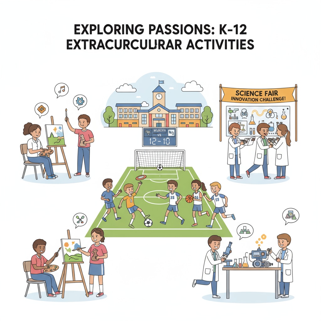 A group of students participating in different extracurricular activities, indicating the exploration of interests in K12 education. Students are involved in activities like art clubs, sports teams, and science competitions, which reflects how K12 education encourages students to explore various interests. Students exploring interests in K12 education for career development