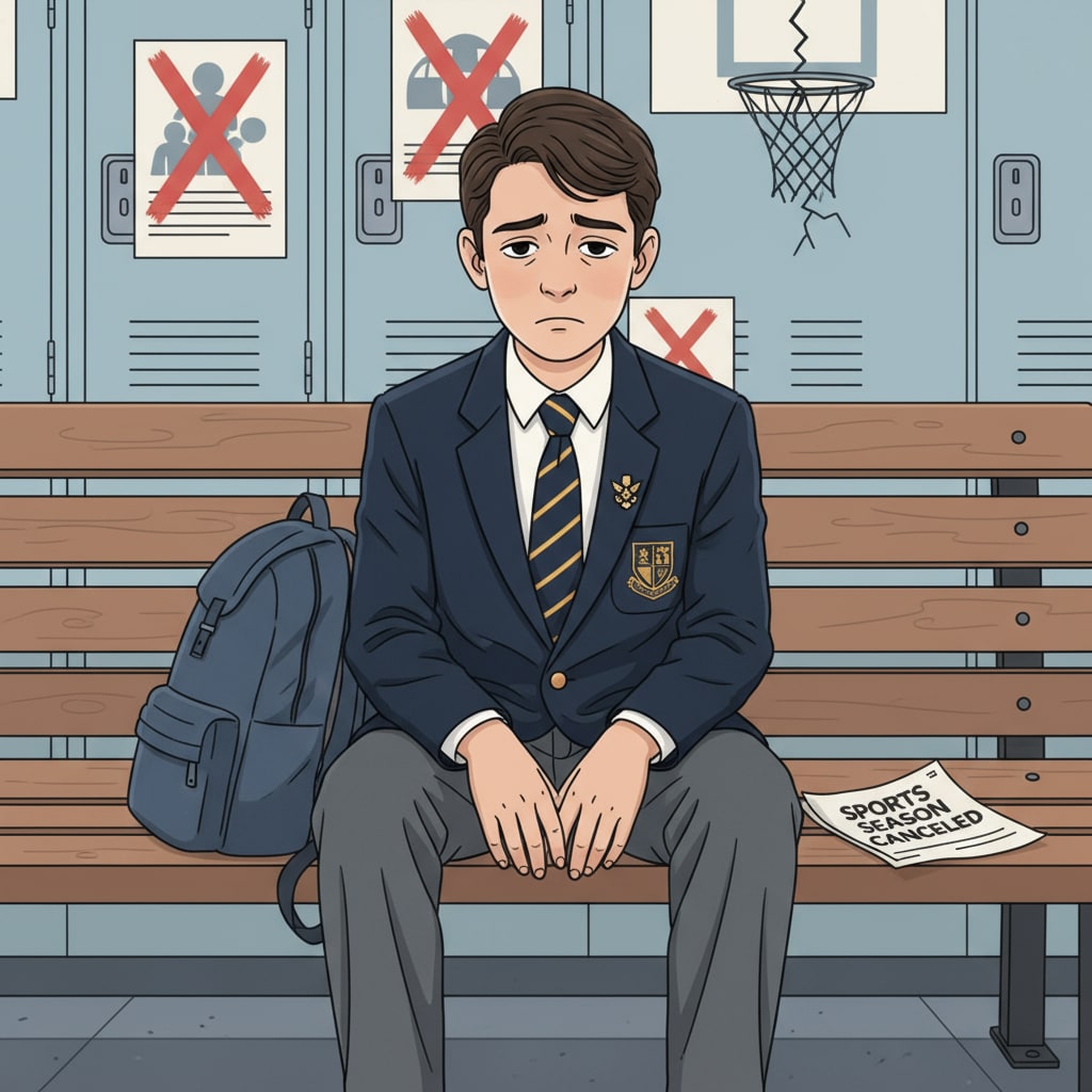 A high school military child sitting on the bench, looking sad because of the canceled sports season High school military child affected by canceled sports season due to government shutdown