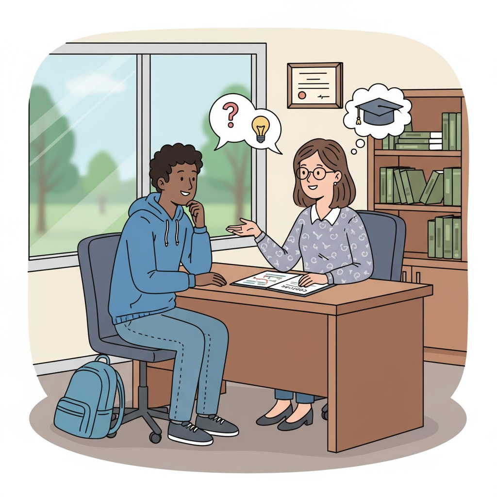A student sitting with a school counselor, having a conversation A student getting support from a school counselor during the process of returning to school after an educational interruption in the UK