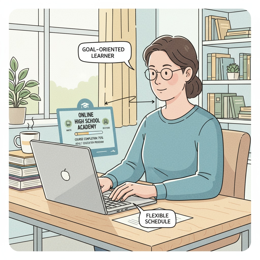 An adult is sitting at a desk, concentrating on a laptop screen where online high school courses are being displayed. The person looks determined to complete their education. An adult with low income studying online high school courses