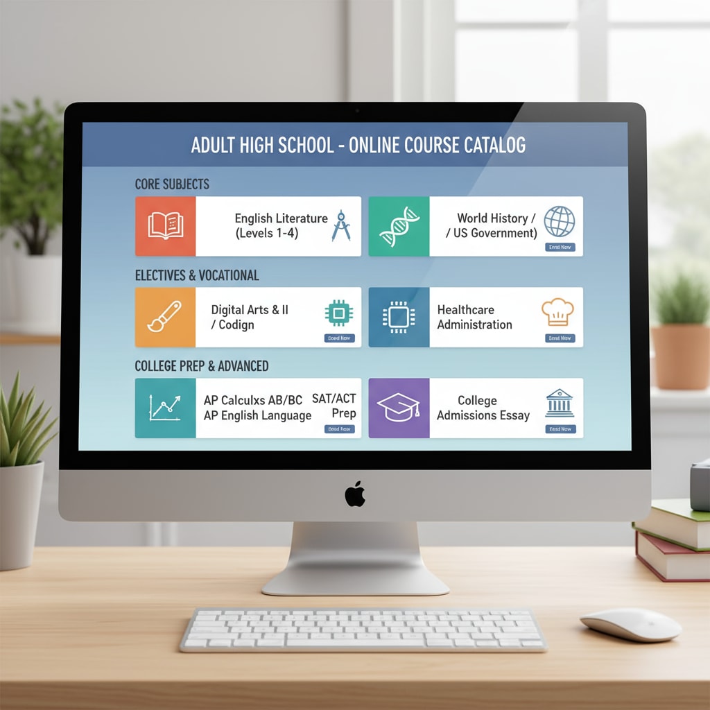 A computer monitor shows various online high school course catalogs, with different subjects and levels clearly visible, representing the diverse options available for adult education. Computer screen showing online high school course options for adults with low income