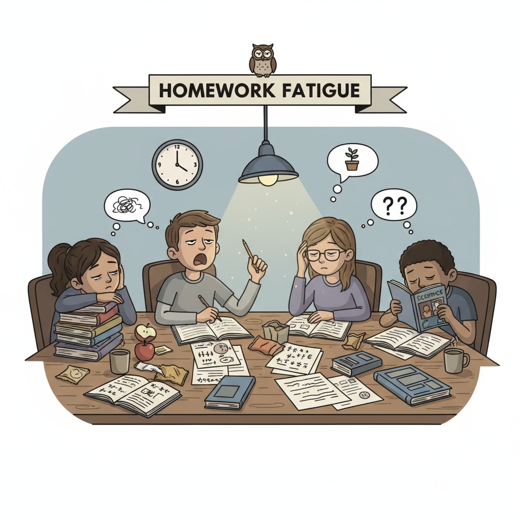 A group of students looking tired while doing their homework, depicting the phenomenon of homework fatigue. Students experiencing homework fatigue