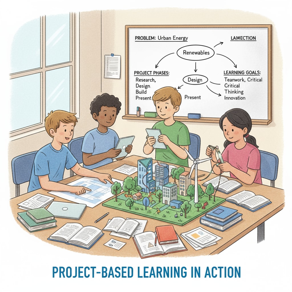 A group of students collaborating on a project, demonstrating the concept of project-based learning. Students engaged in project-based learning