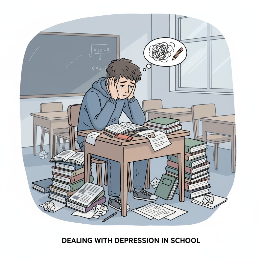 A sad-looking high school student sitting at a desk, with books and papers scattered, representing the struggle with depression in school A high school student struggling with depression, related to GED certificates, depression, and career prospects