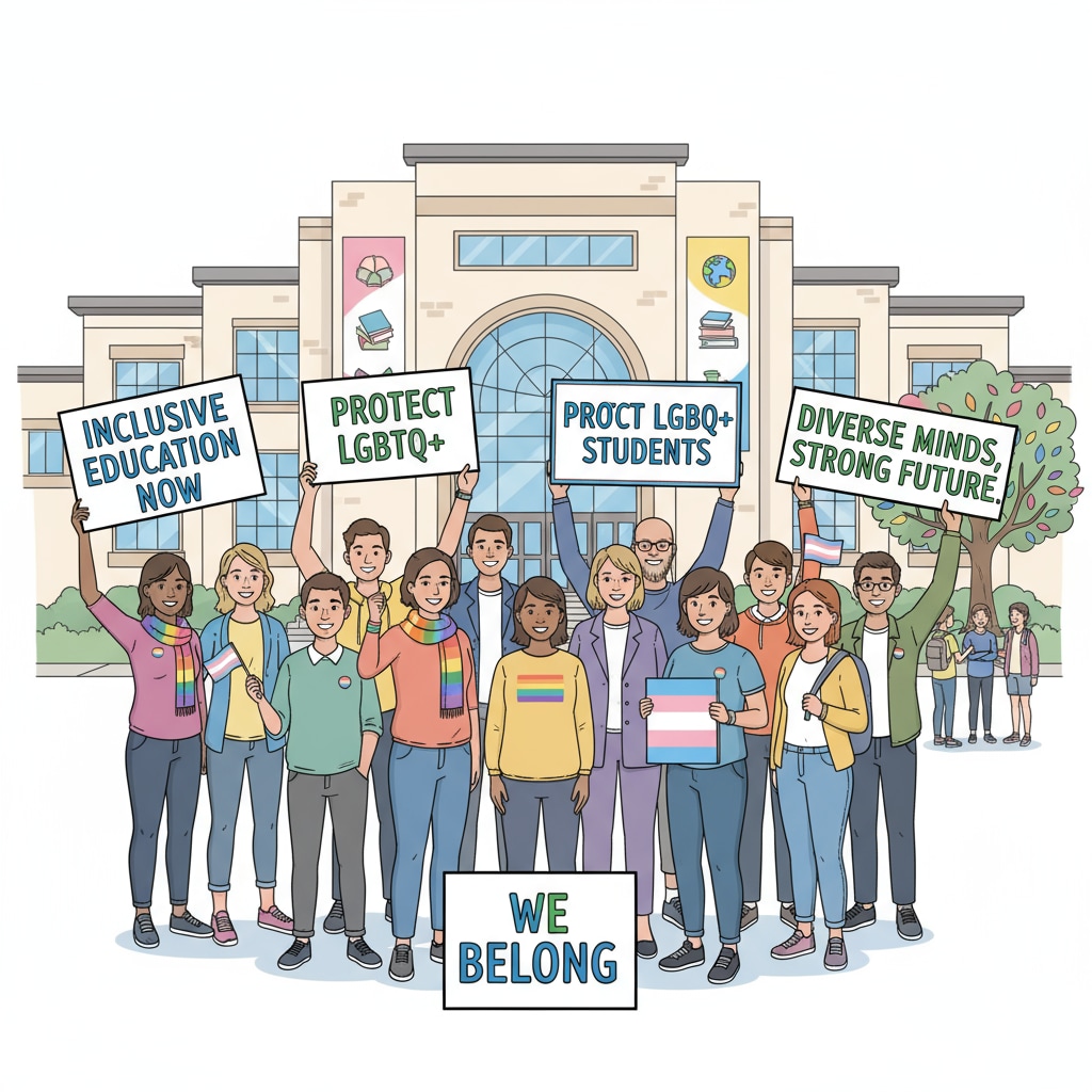A group of diverse individuals, including those from the LGBTQ+ community, holding signs that say things like A group of LGBTQ+ individuals and allies showing support for inclusive education in front of a school.