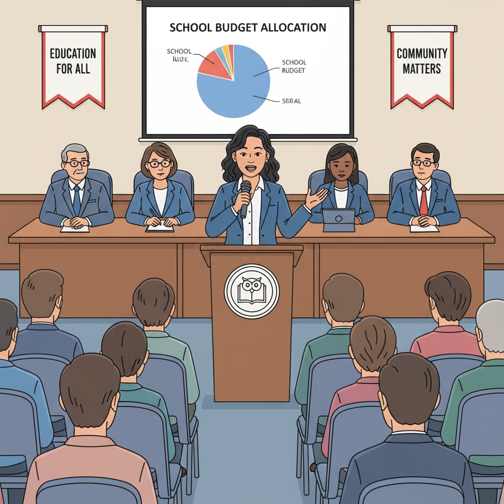 A person from the LGBTQ+ community, dressed professionally, speaking passionately at a school board meeting with a microphone in hand. There are other board members and community members listening intently. An LGBTQ+ candidate speaking at a school board meeting to advocate for inclusive policies.