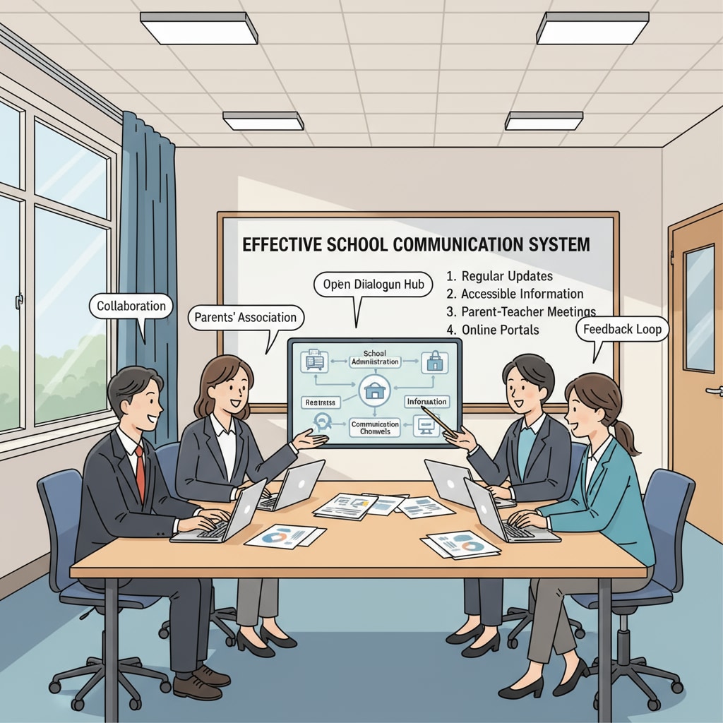 A group of parents and teachers engaged in a productive discussion about school affairs. They are using papers and laptops to exchange information, highlighting the importance of effective communication in school communication systems, parent associations, and information management. Parents and teachers discussing school matters related to school communication systems, parent associations, and information management