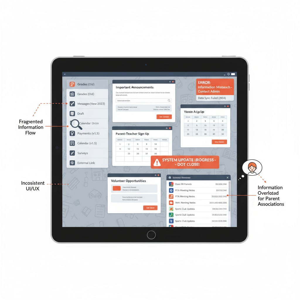 A screenshot of a disorganized and hard-to-use school communication platform interface, demonstrating the challenges faced in current school communication systems, affecting parent associations and information management. Screenshot of a problematic school communication platform interface relevant to school communication systems, parent associations, and information management