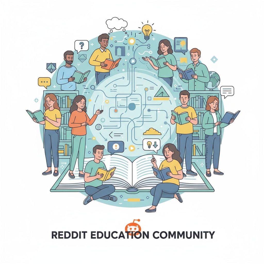 An illustration showing people communicating and sharing books, representing the exchange of ideas in the Reddit education community People communicating and sharing books in the Reddit education community
