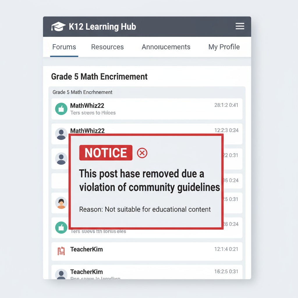A screenshot of a K12 education forum where a post that was previously there is now missing, with a notice indicating something has been removed. Screenshot of K12 education forum showing post deletion without explanation related to forum purpose