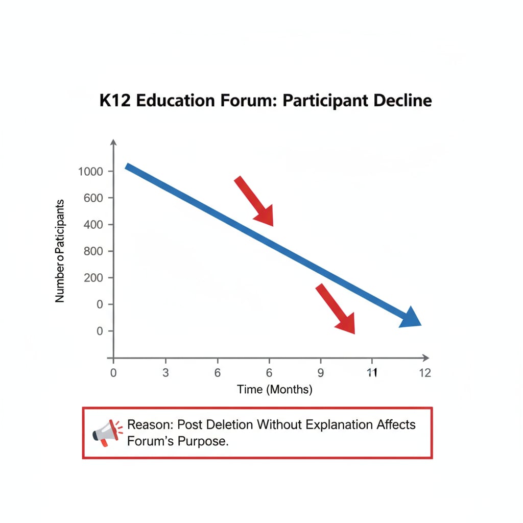A graph depicting a downward trend in the number of participants in a K12 education forum over time, with the reason stated as post deletion without explanation affecting the forum's purpose. Graph showing decline in K12 education forum participation due to post deletion without explanation and its impact on forum purpose