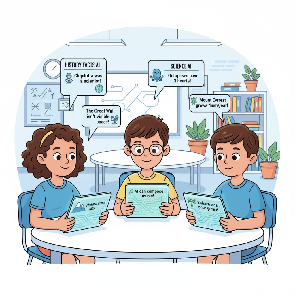 An illustration depicting students looking at tablets with educational facts generated by AI. The tablets show various interesting facts about different subjects. Students interacting with AI-generated educational knowledge points on tablets