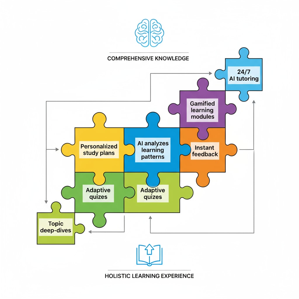 A graphic composed of colorful puzzle pieces, each representing a different AI-generated educational fact. The pieces are arranged in a way that shows how they can fit together to form a comprehensive learning experience. Colorful puzzle pieces representing AI-generated educational facts