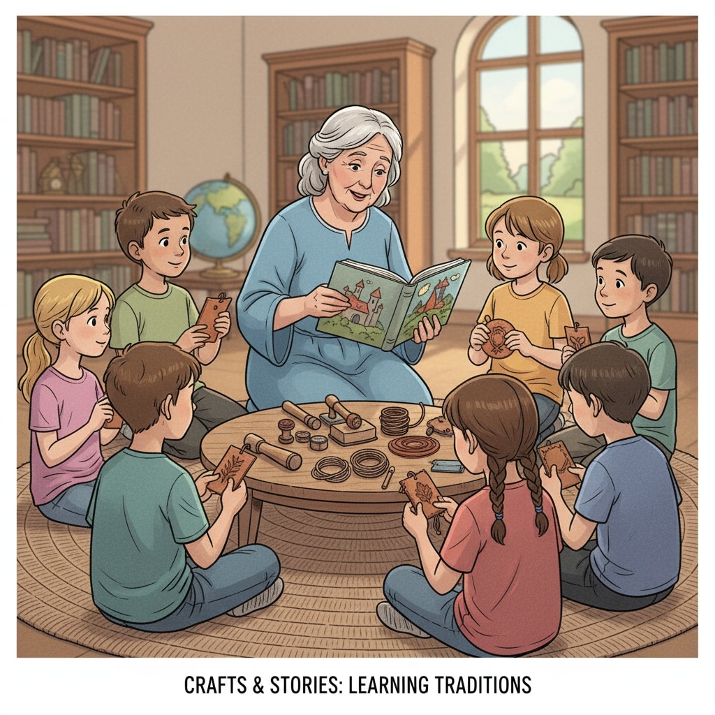 A group of children are sitting around, listening intently to a fairy tale being told. Each child is holding a simple leather craft, such as a leather bookmark or a small keychain, showing their connection to both the story and leather work. Children listening to a fairy tale while holding leather crafts