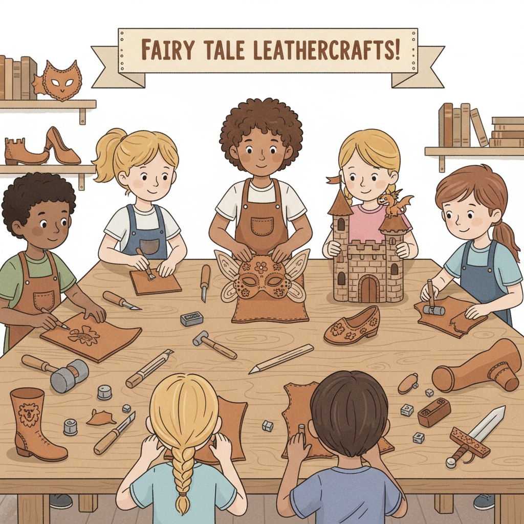 Children are gathered around a table, focused on creating leather crafts. The crafts are clearly inspired by fairy tale characters, with one child making a leather mask of a fairy and another creating a small leather castle. Children creating leather crafts inspired by fairy tale characters