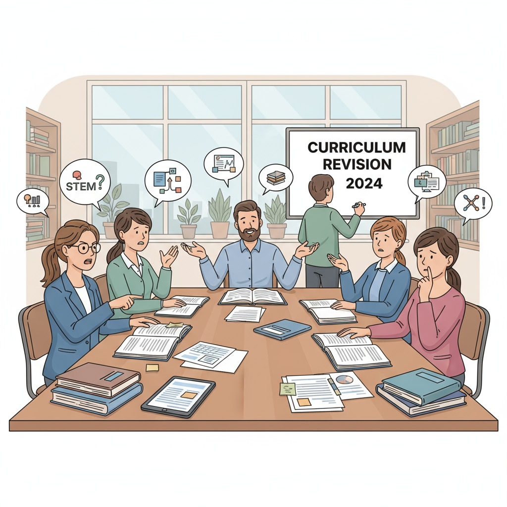 A group of teachers is engaged in a discussion about curriculum changes in a school meeting room. They are looking at textbooks and papers, expressing different opinions. Teachers discussing curriculum controversies in a public education setting