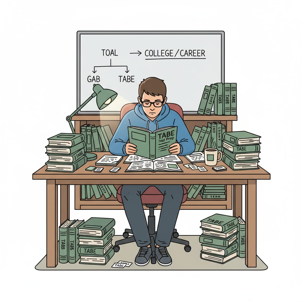 A young person is sitting at a desk, surrounded by TABE exam study materials such as textbooks and notebooks, concentrating on studying. A 21-year-old preparing for TABE exams related to firefighter EMT training
