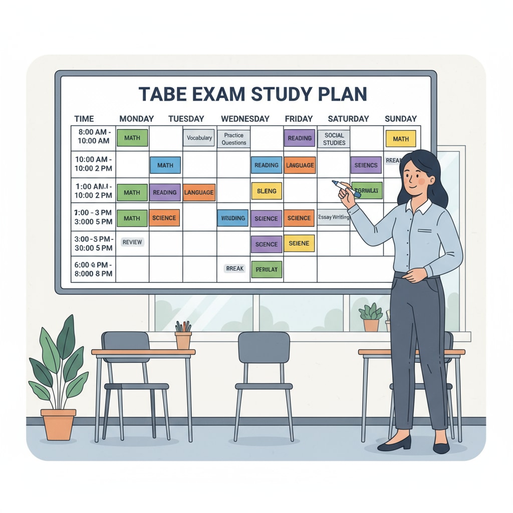 A person is standing in front of a whiteboard, writing down a detailed study schedule with different time slots for various TABE exam subjects. Creating a study plan for TABE exams for EMT training to become a firefighter