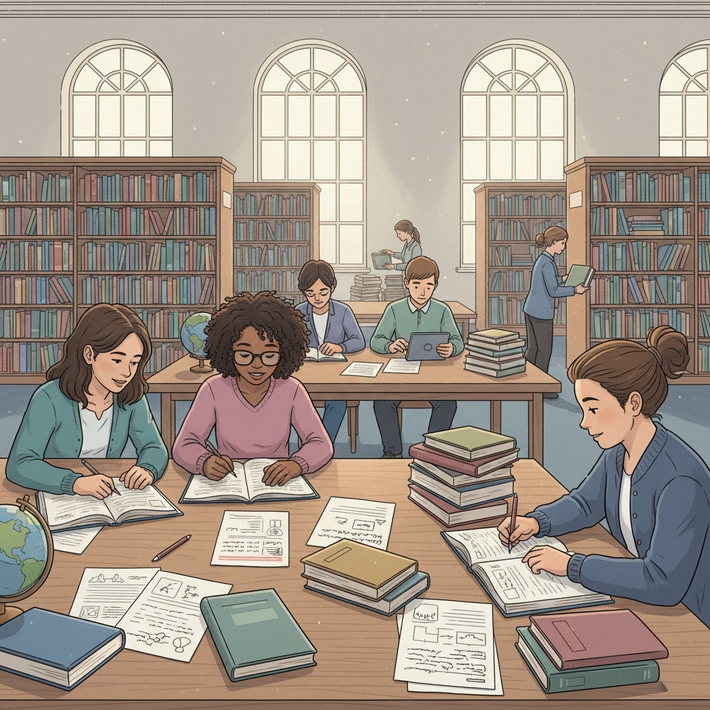 A group of high school students are sitting at tables in a library, surrounded by books and notebooks, engaged in focused study. High school students studying for the baccalauréat with proper time management