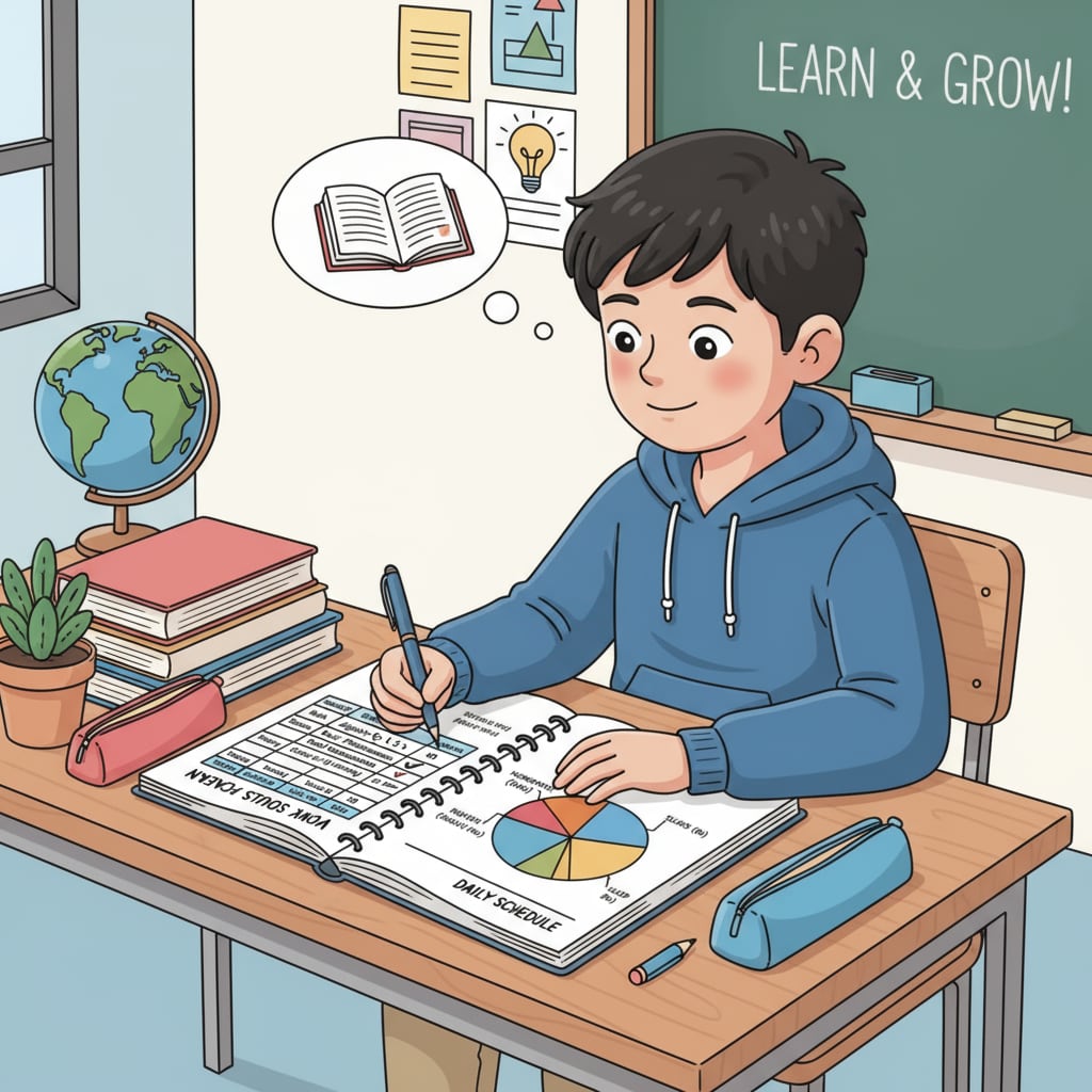 A student is sitting at a desk, writing in a notebook. The notebook shows a detailed study plan with tasks, time allocations, and deadlines. Student creating a study plan for baccalauréat preparation