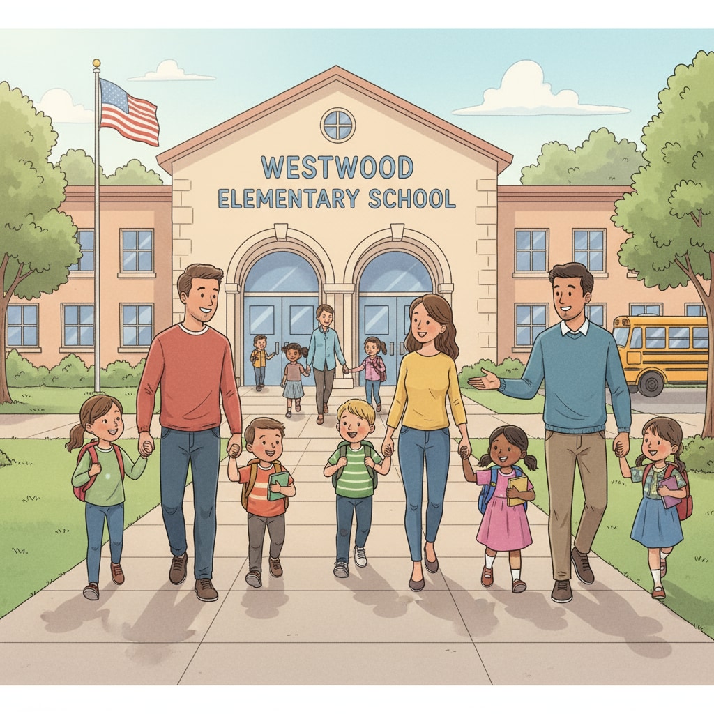 A group of parents and children are walking towards the entrance of a public school, showing their anticipation for the school visit. Parents and children going for a public school visit as part of the educational choice process
