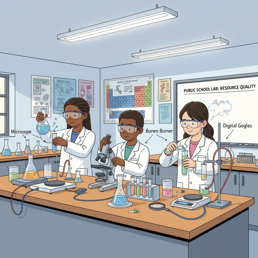 Students are conducting an experiment in a well-equipped laboratory, demonstrating the quality of resources in a public school. Students in a public school laboratory during a school visit for educational choice considerations