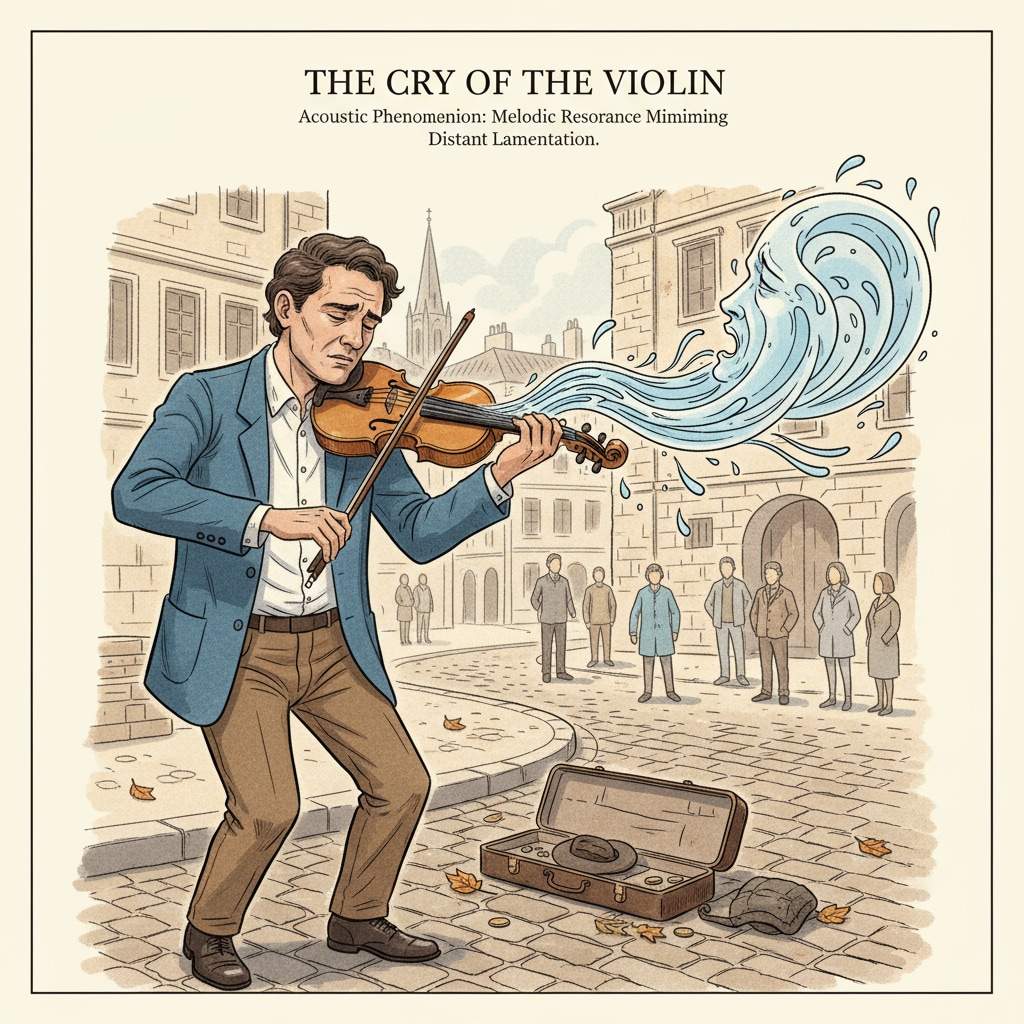 A street musician is playing a violin. The musician is focused, and the violin is producing a sound that, from a distance, could be easily mistaken for a cry. The surrounding environment adds to the atmosphere. A street musician playing a violin, with the sound potentially being mistaken for a cry