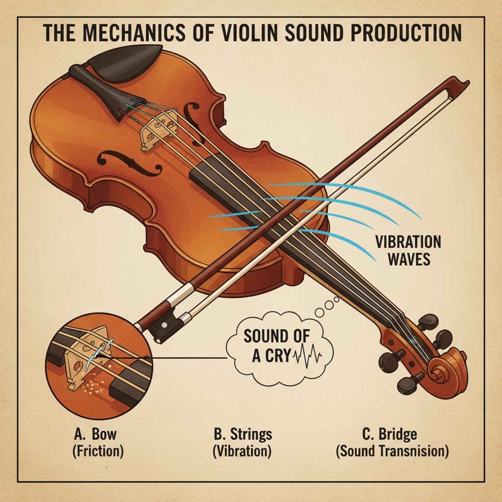 A close-up view of a violin with the bow touching the strings. The details of the instrument and the position of the bow show how the unique sounds, similar to cries, can be created. A close-up of a violin with the bow touching the strings, related to the sound similarity to cries