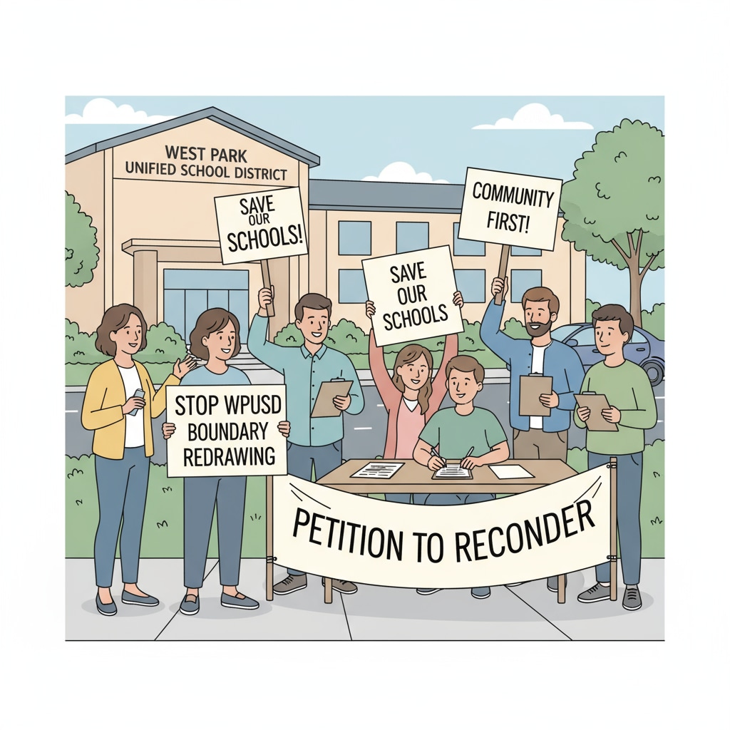 A group of people is gathered, holding signs that say things like 'Stop WPUSD Boundary Redrawing' during a petition drive. People of different ages are present, showing community-wide concern. Community members protesting against WPUSD boundary redrawing through a petition