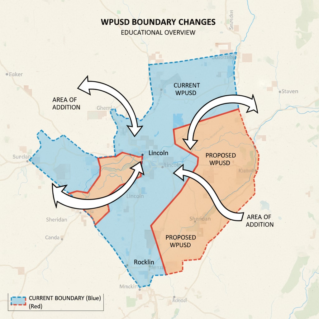 A map with different colors showing the current and proposed boundaries of the WPUSD. Arrows indicate the areas of change. Map of WPUSD boundary redrawing proposal