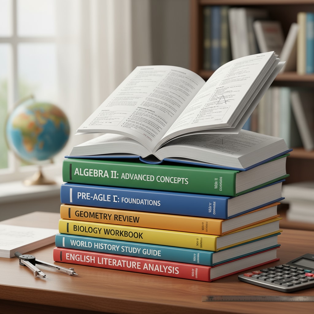 A stack of high school review workbooks with algebra books on the top, indicating the importance of algebra workbooks in the collection. Stack of high school review workbooks with a focus on algebra